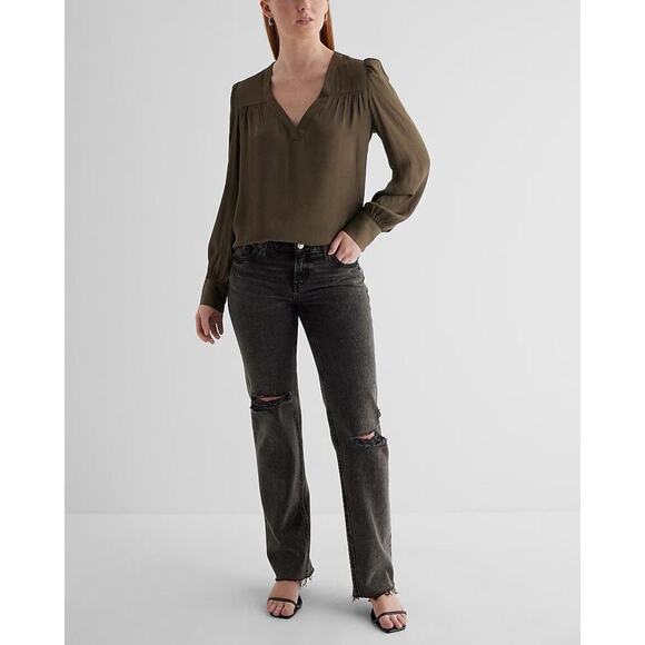 Express Women's Satin V-Neck Cuff Sleeve Top Olive Green Size XS - NWT $58 - Picture 15 of 15